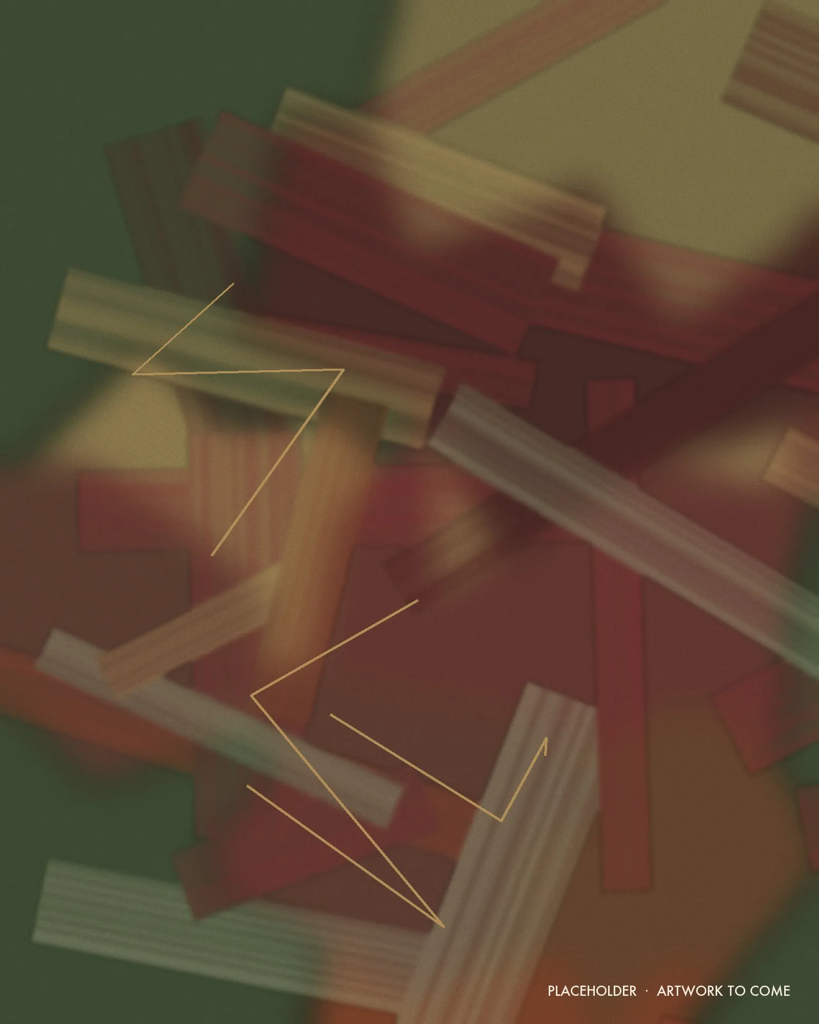 Placeholder artwork: an abstract composition of maroon and rust brushstrokes over deep forest green, with fine brass lines, standing in for one of Brooke's paintings.