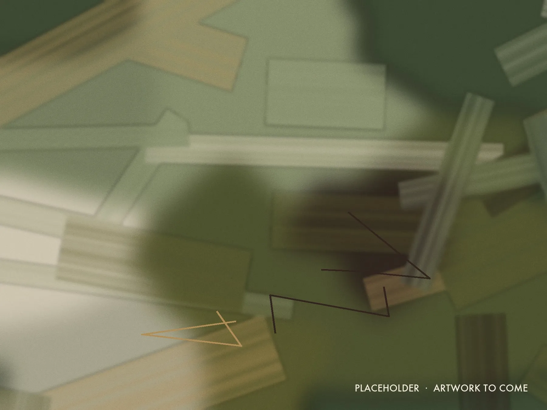 Placeholder artwork: a wide abstract of forest green, sage, and cream layers crossed by brass lines, standing in for a mixed-media piece.